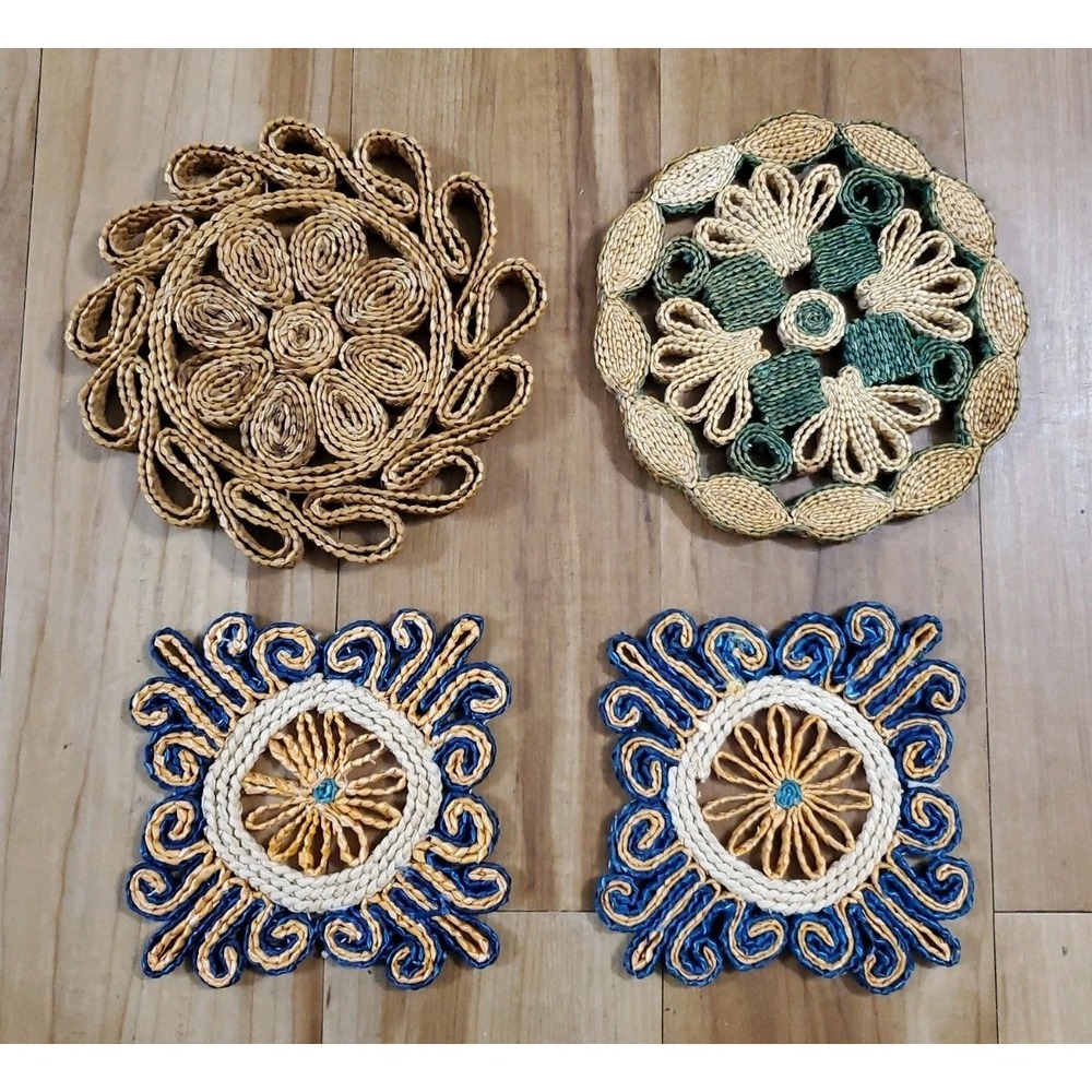 Woven Raffia Straw Trivets Hot Pads Square And Round Set Of 4 Colorful Kitchen